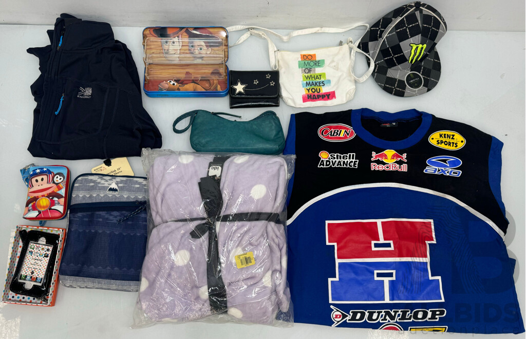 Assorted Lot of Clothes, Posters, Blanket, Bags, Wallets