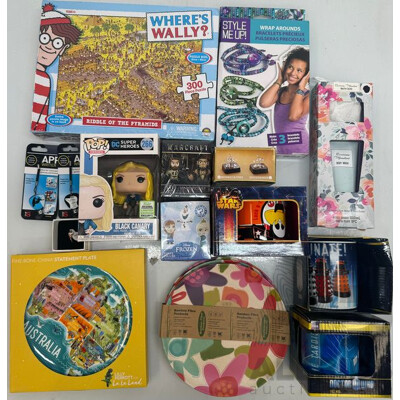 Assorted Lot of - Mini Figurines, Jewelry, Mugs, Body Wash, Puzzle and Plates