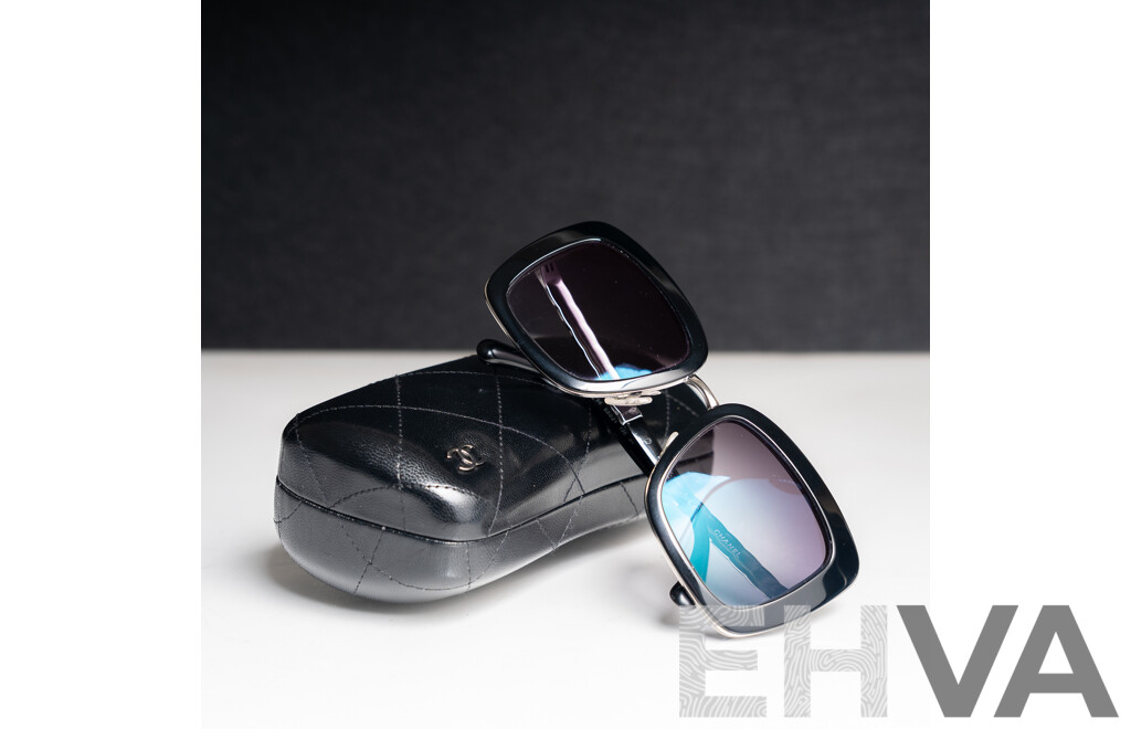 Chanel Metal Square Spring Prescription Sunglasses in Black and Silver