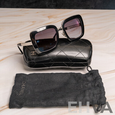 Chanel Metal Square Spring Sunglasses in Black and Silver