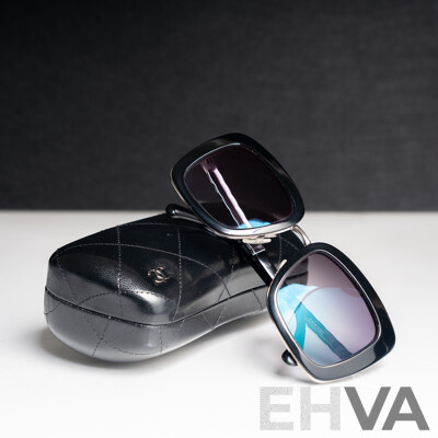 Chanel Metal Square Spring Prescription Sunglasses in Black and Silver
