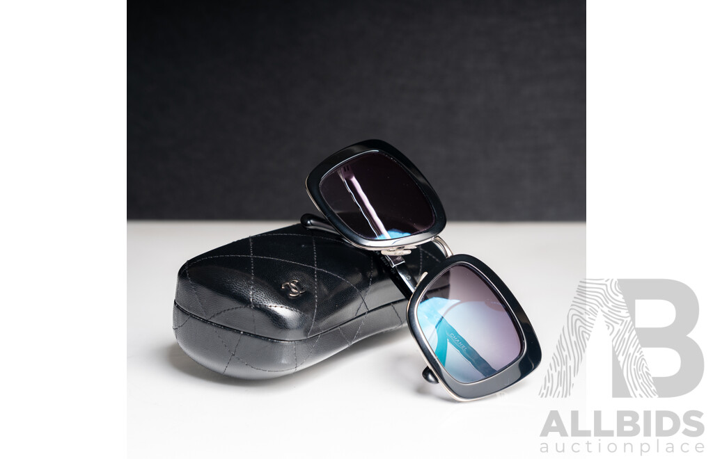Chanel Metal Square Spring Prescription Sunglasses in Black and Silver