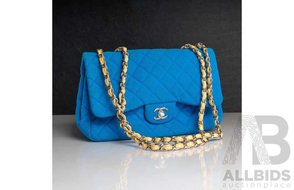 Chanel Blue Quilted Fabric & Patent Leather Classic Single Flap Bag