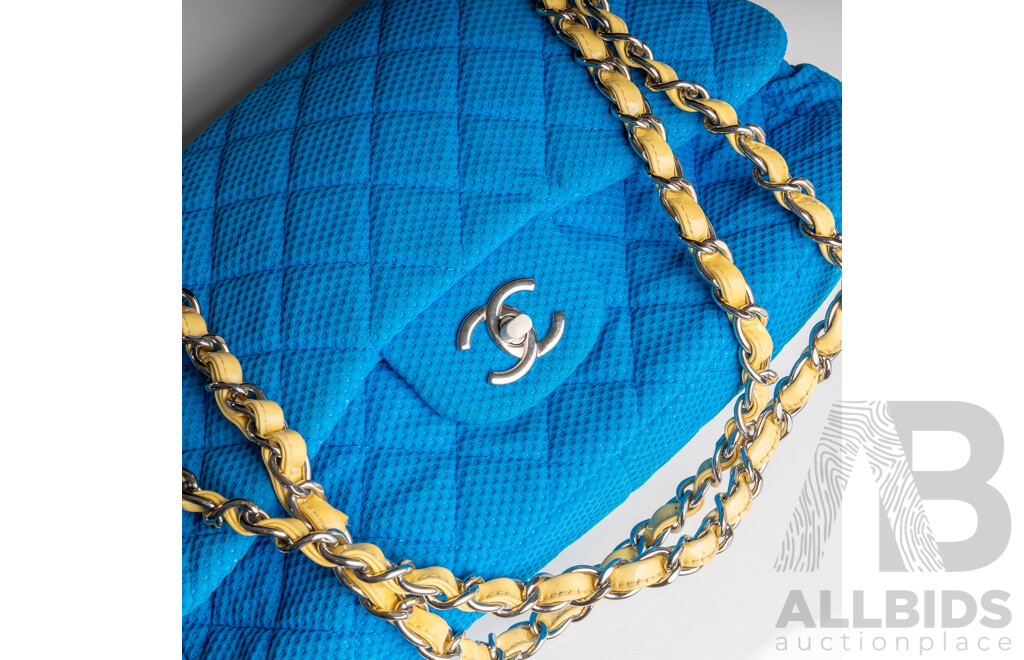 Chanel Blue Quilted Fabric & Patent Leather Classic Single Flap Bag