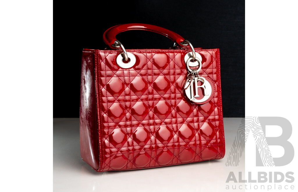 Dior Lady Dior Cherry Red Patent Leather Medium Tote Bag