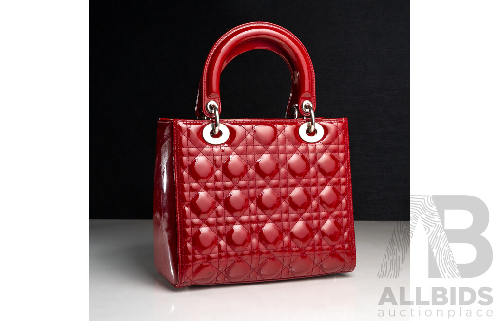 Dior Lady Dior Cherry Red Patent Leather Medium Tote Bag