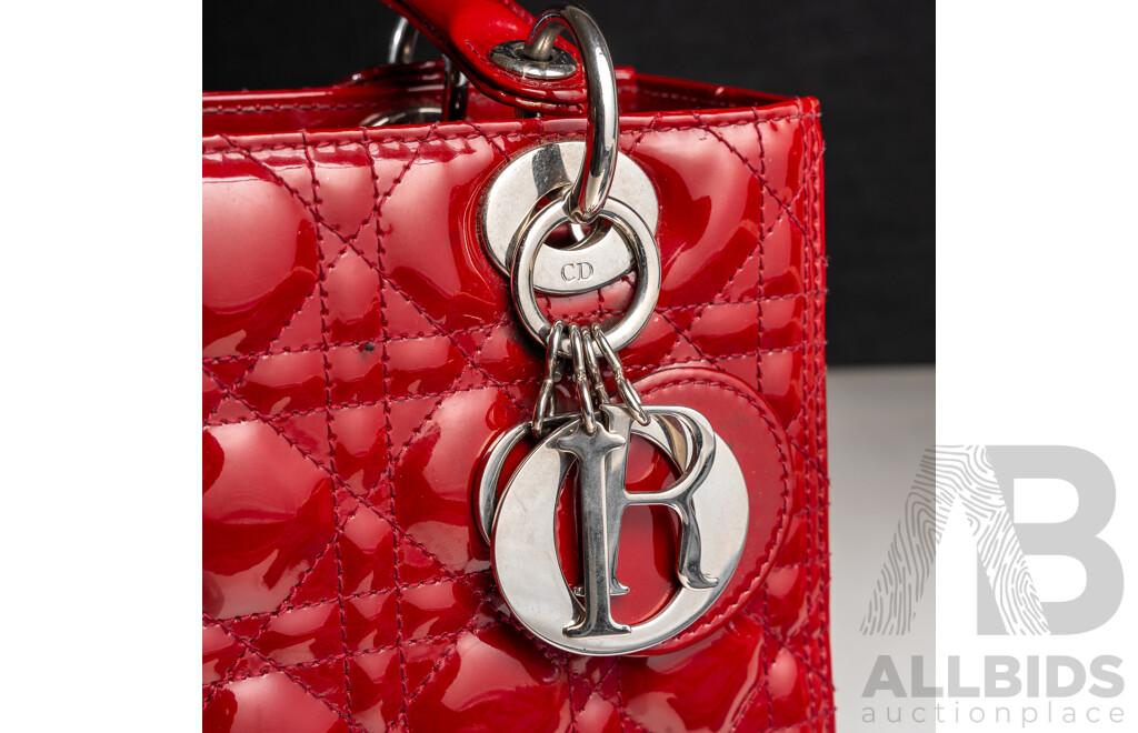 Dior Lady Dior Cherry Red Patent Leather Medium Tote Bag