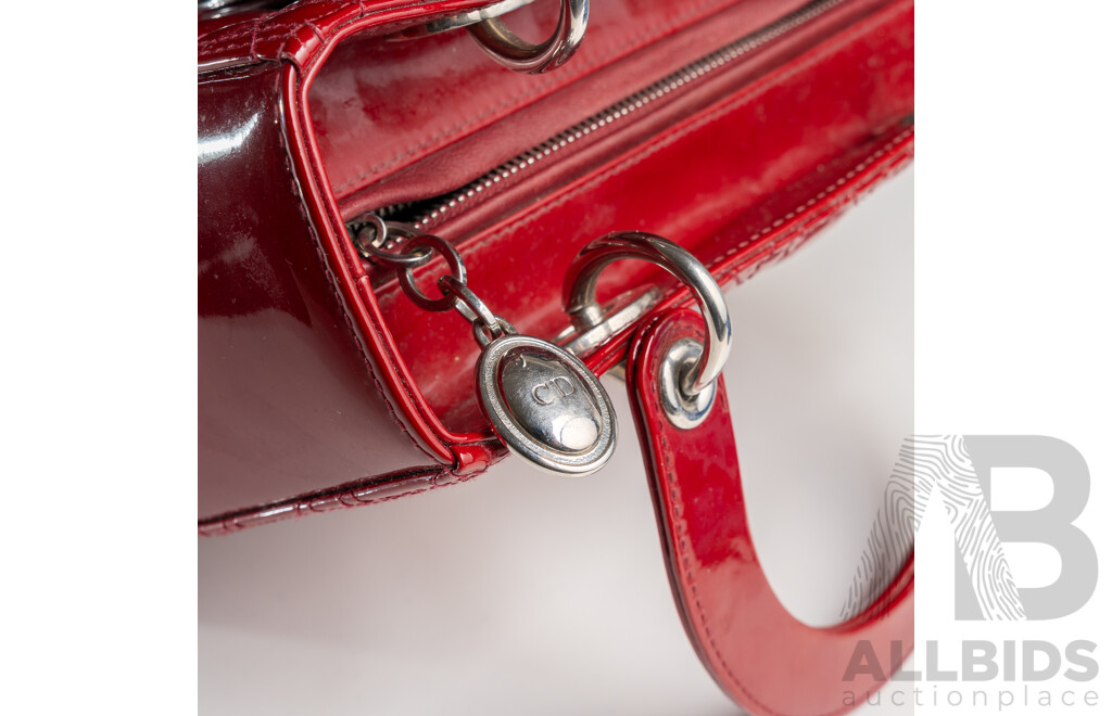 Dior Lady Dior Cherry Red Patent Leather Medium Tote Bag