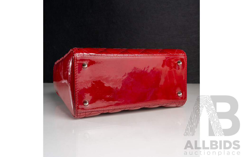 Dior Lady Dior Cherry Red Patent Leather Medium Tote Bag