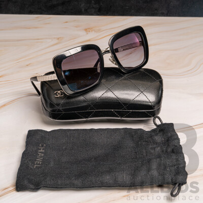 Chanel Metal Square Spring Sunglasses in Black and Silver