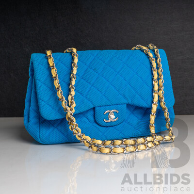 Chanel Blue Quilted Fabric & Patent Leather Classic Single Flap Bag