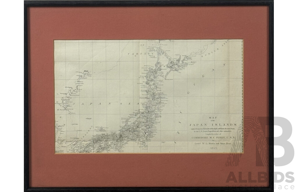 Vintage Copy of the Original 1855 Map of the Japan Islands, Compiled by Order of Commodore M. C. Perry, U. S. N. by Lieuts. W.L Maury & Silas Bent 36 x 46 cm (frame)