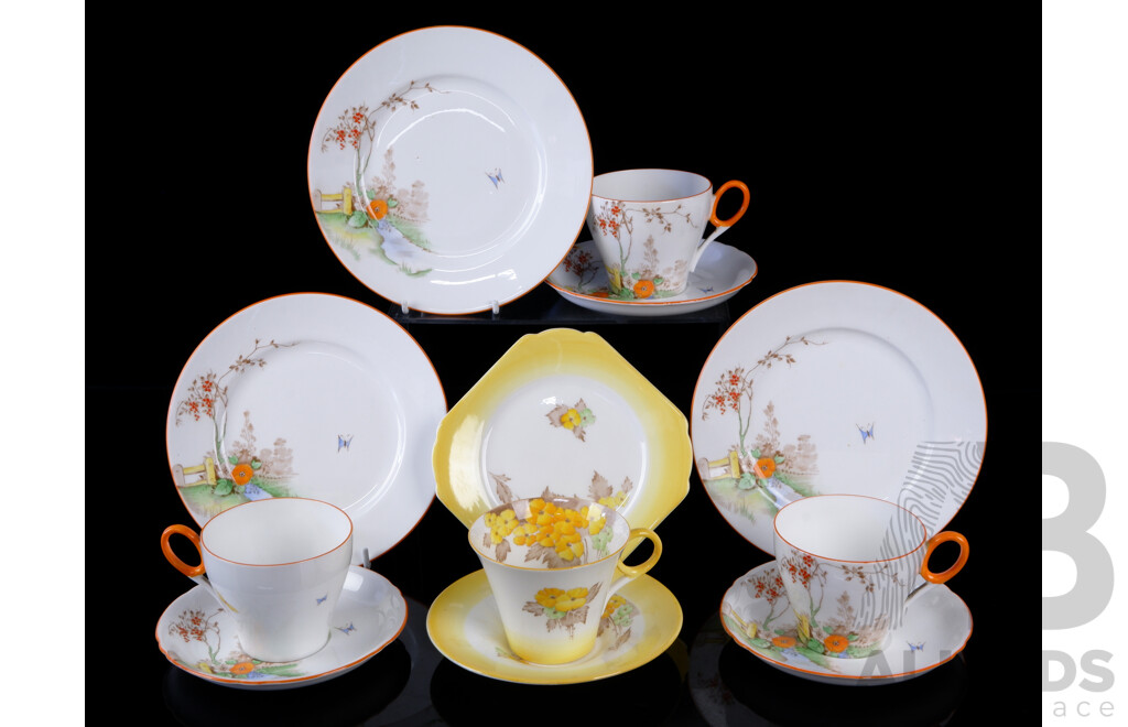 Four Vintage Shelly Porcelain Trios Comprising Three Oxford Shaped Country Scene Examples and One Phlox Yellow Example