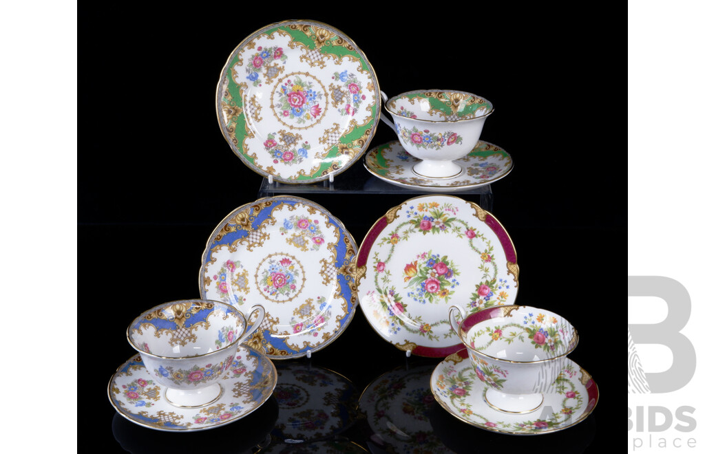 Three Vintage Shelly Porcelain Trios Comprising Green Sheridan, Blue Sheridan and Dubarry Examples