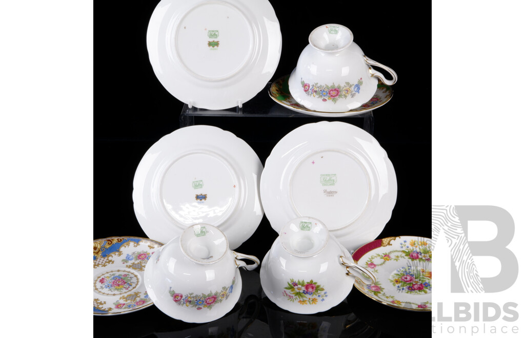 Three Vintage Shelly Porcelain Trios Comprising Green Sheridan, Blue Sheridan and Dubarry Examples