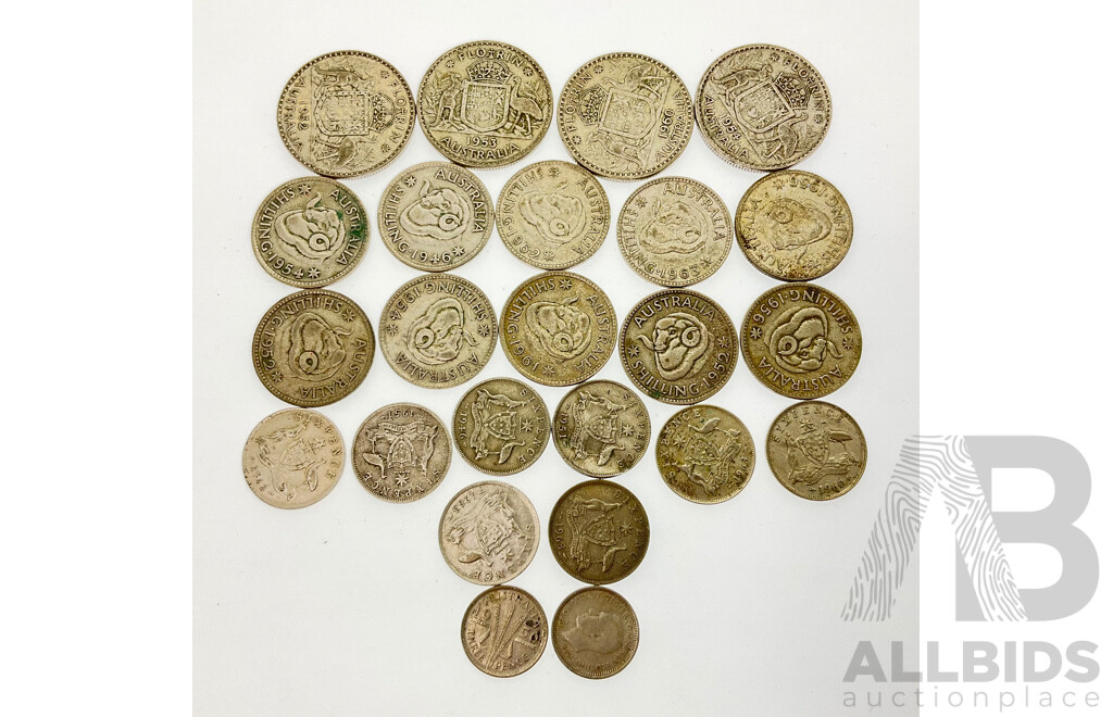 Collection of Australian Predecimal Coins, KGVI QE2, Florins(4) Shillings(10) Sixpence(8) Threepence(2) Examples From 1946-1962 (.500)