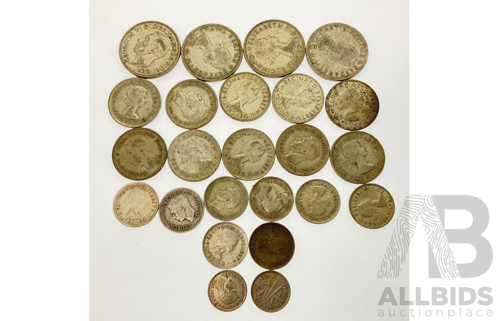 Collection of Australian Predecimal Coins, KGVI QE2, Florins(4) Shillings(10) Sixpence(8) Threepence(2) Examples From 1946-1962 (.500)