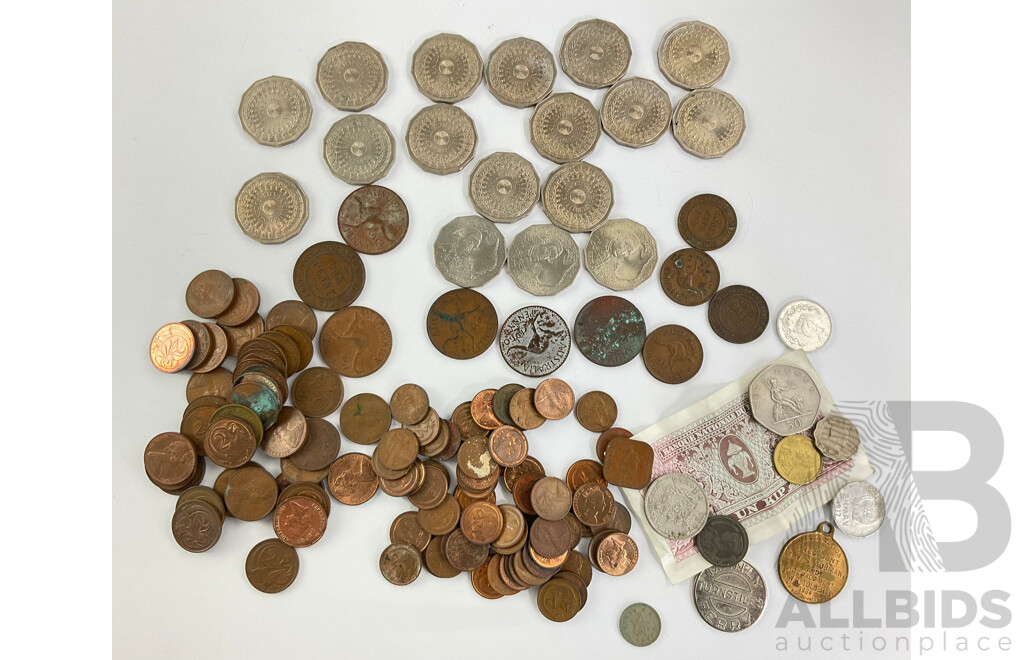 Collection of Australian and International Coins Including Commemorative Fifty Cent Coins, 1970 Captain Cook(3) 1977 Jubilee (14) Pennies, Half Pennies KGV, KGVI, QE2 and More