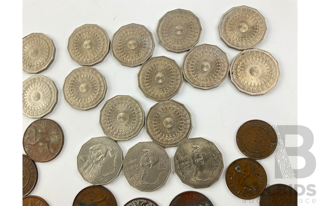 Collection of Australian and International Coins Including Commemorative Fifty Cent Coins, 1970 Captain Cook(3) 1977 Jubilee (14) Pennies, Half Pennies KGV, KGVI, QE2 and More