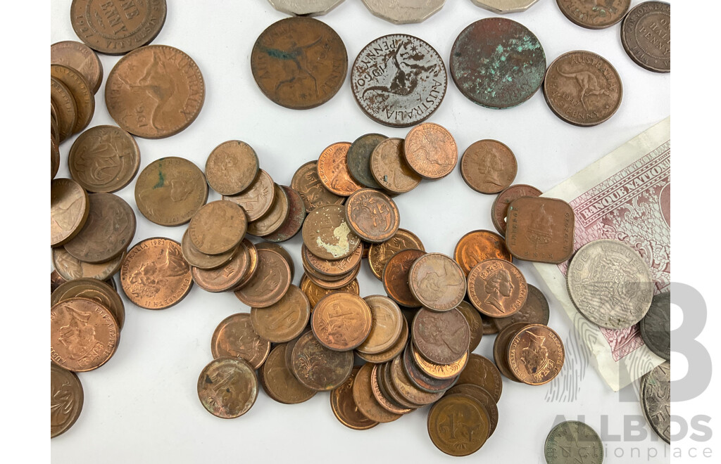 Collection of Australian and International Coins Including Commemorative Fifty Cent Coins, 1970 Captain Cook(3) 1977 Jubilee (14) Pennies, Half Pennies KGV, KGVI, QE2 and More