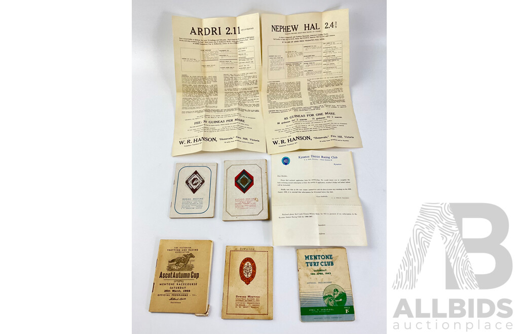 Collection of 1940's Horse Racing/Trotting Official Programmes Including Caulfield Cup, Mentone Turf Club and More