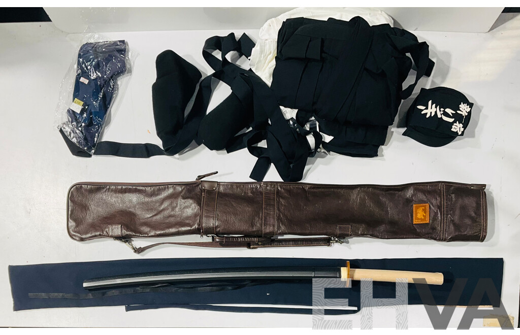 Japanese Kenjutsu Bokken Wooden Practice Sword, Sealed in Plastic, with Cloth Sleeve and Vinyl Carry Soft Case Along with Collection Traditional Kenjutsu Jackets and Accessories