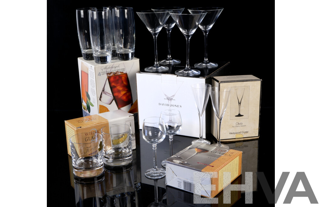 Collection Retro Boxed Glassware Including Set Four David Jones Henrich Martini Glasses, Set Four Luigi Bormioli Tumblers, Pair Wedgwood Crystal Sherry Glasses by Frank Thrower and More