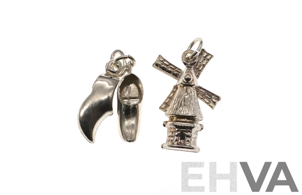 Sterling Silver Clogs Charm & Windmill Charm, From Rob Van Gerwen Jewellers B.v.Leiden, 2.70 Grams - as New