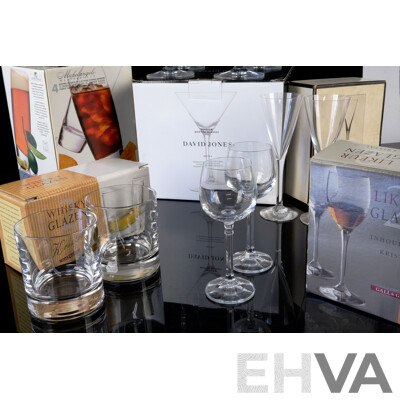 Collection Retro Boxed Glassware Including Set Four David Jones Henrich Martini Glasses, Set Four Luigi Bormioli Tumblers, Pair Wedgwood Crystal Sherry Glasses by Frank Thrower and More