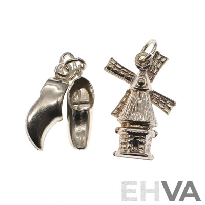 Sterling Silver Clogs Charm & Windmill Charm, From Rob Van Gerwen Jewellers B.v.Leiden, 2.70 Grams - as New