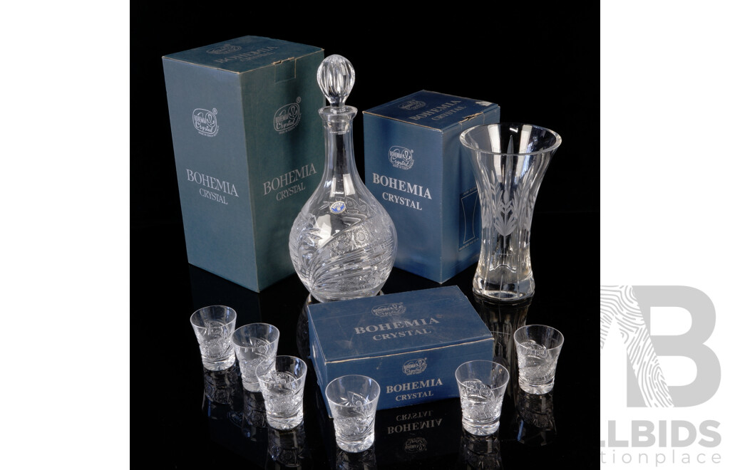 Three Retro Bohemia Crystal Pieces Comprising Decanter With Stopper, Set Six Liqueur Glasses and Vase, All in Original Boxes