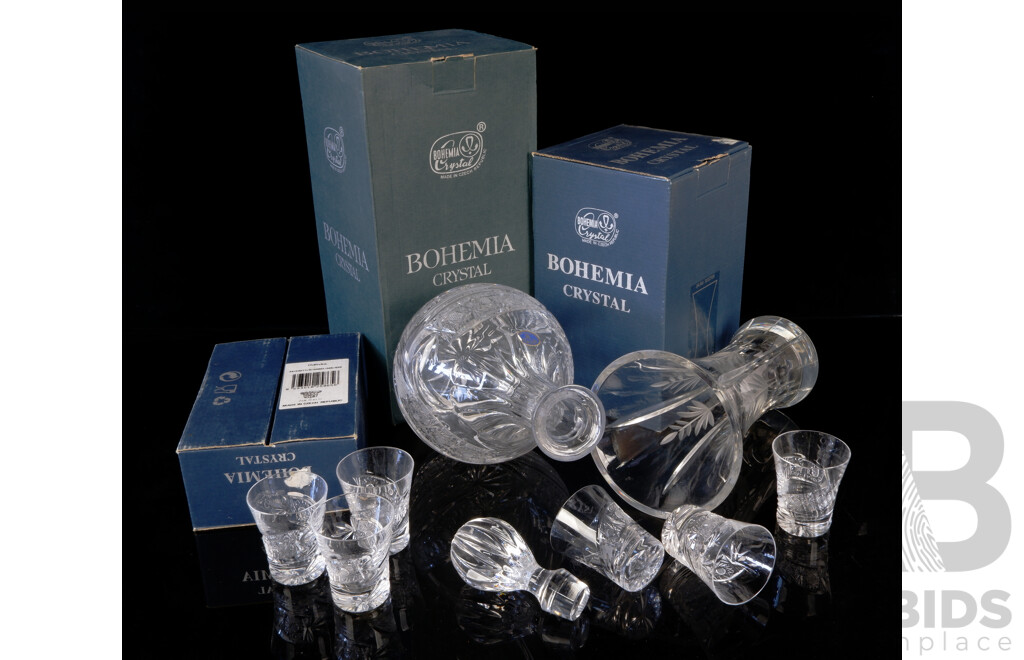 Three Retro Bohemia Crystal Pieces Comprising Decanter With Stopper, Set Six Liqueur Glasses and Vase, All in Original Boxes