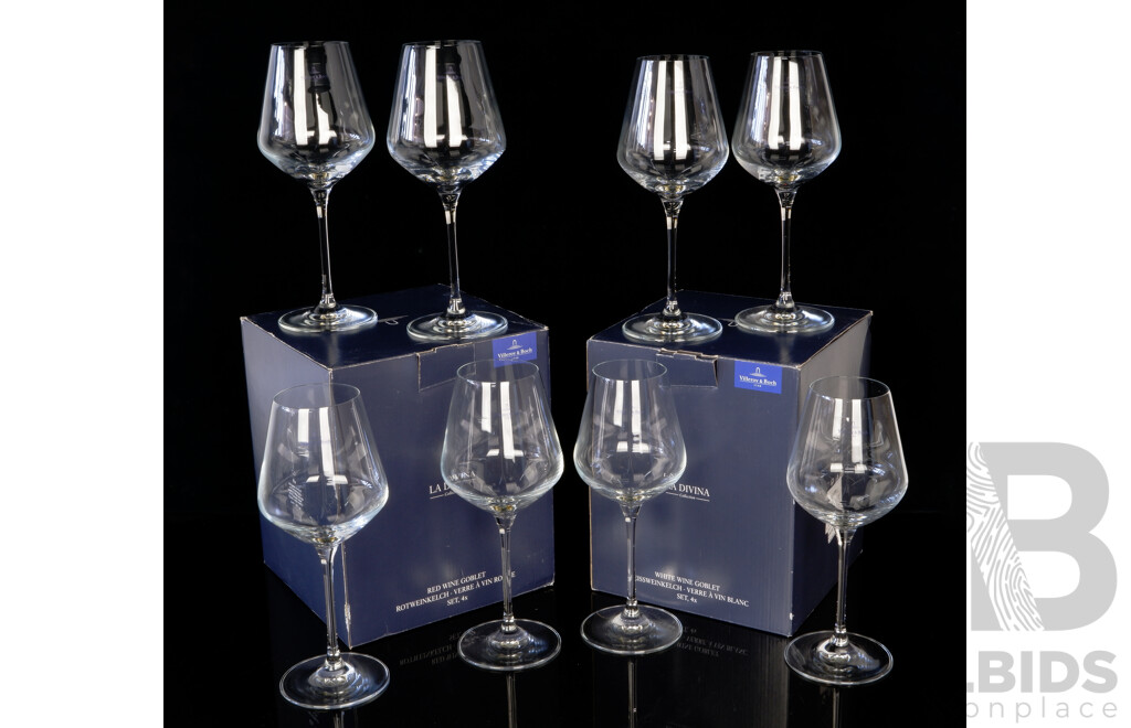 Set Four Villeroy & Boch La Divina Collection Red Wine Glasses Along with Set Four MAtching White Wine Glasses, All in Original Boxes