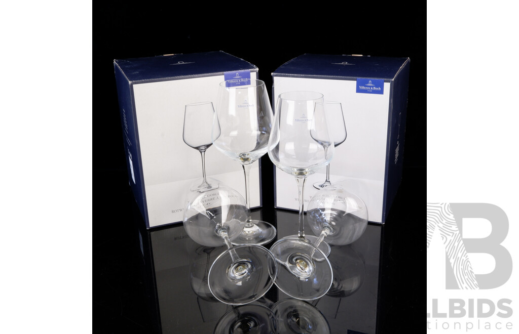 Set Four Villeroy & Boch La Divina Collection Red Wine Glasses Along with Set Four MAtching White Wine Glasses, All in Original Boxes