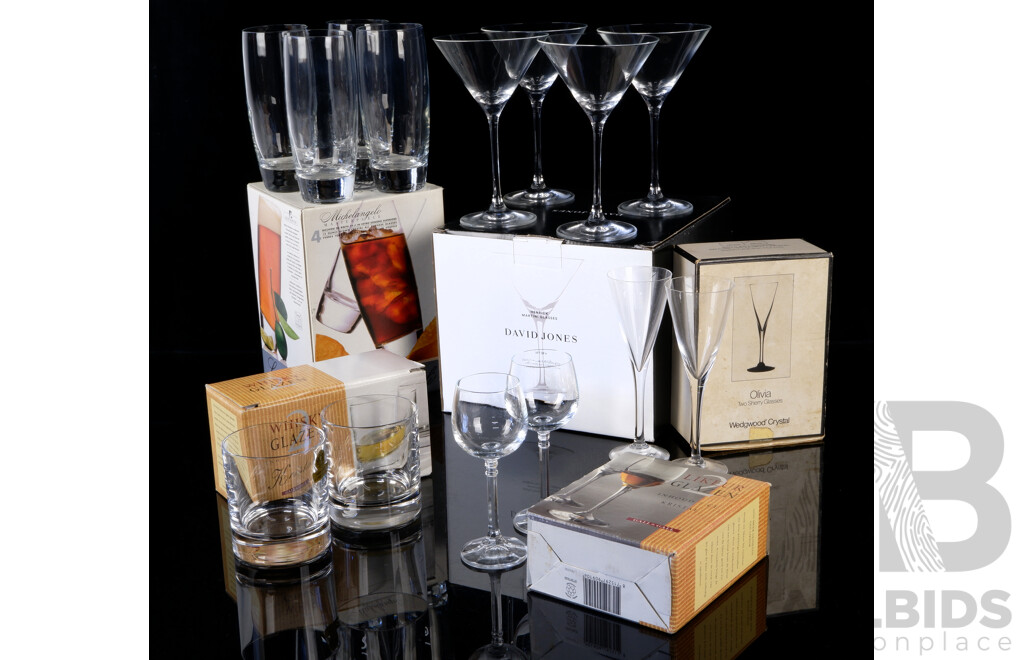 Collection Retro Boxed Glassware Including Set Four David Jones Henrich Martini Glasses, Set Four Luigi Bormioli Tumblers, Pair Wedgwood Crystal Sherry Glasses by Frank Thrower and More