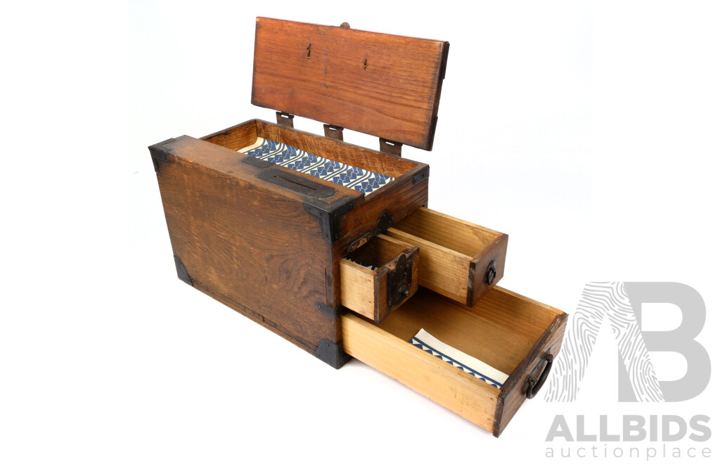 Vintage Japanese Wooden Temple Donation Box with Iron Fittings and Three Drawers