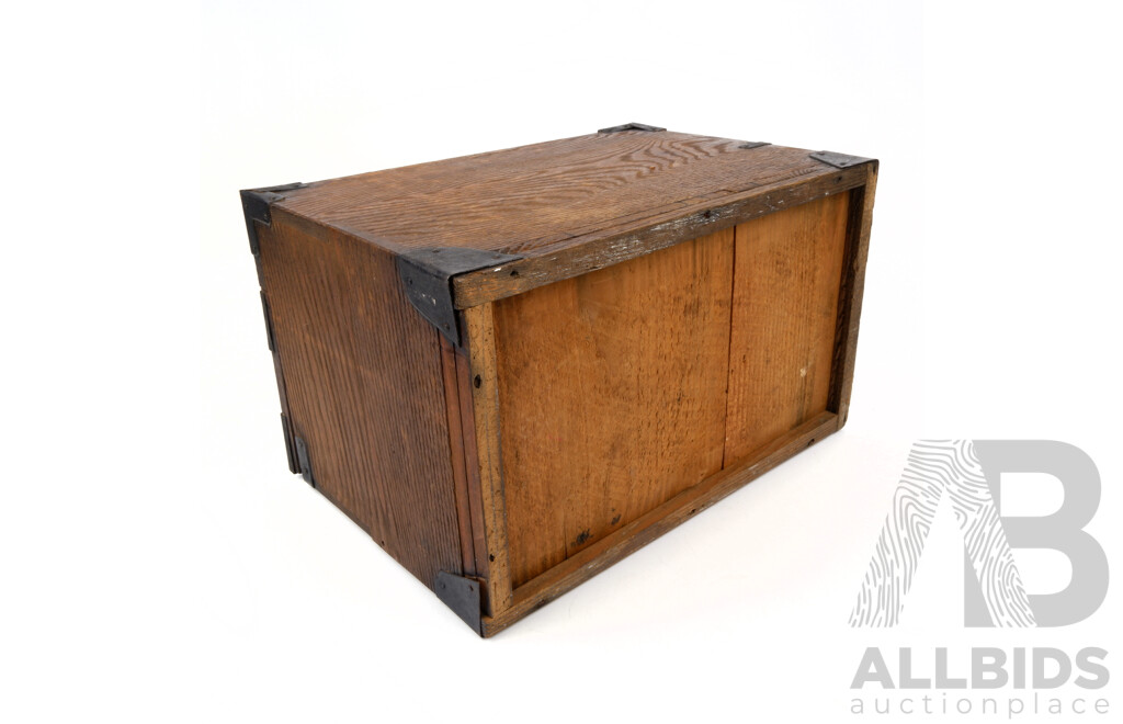 Vintage Japanese Wooden Temple Donation Box with Iron Fittings and Three Drawers