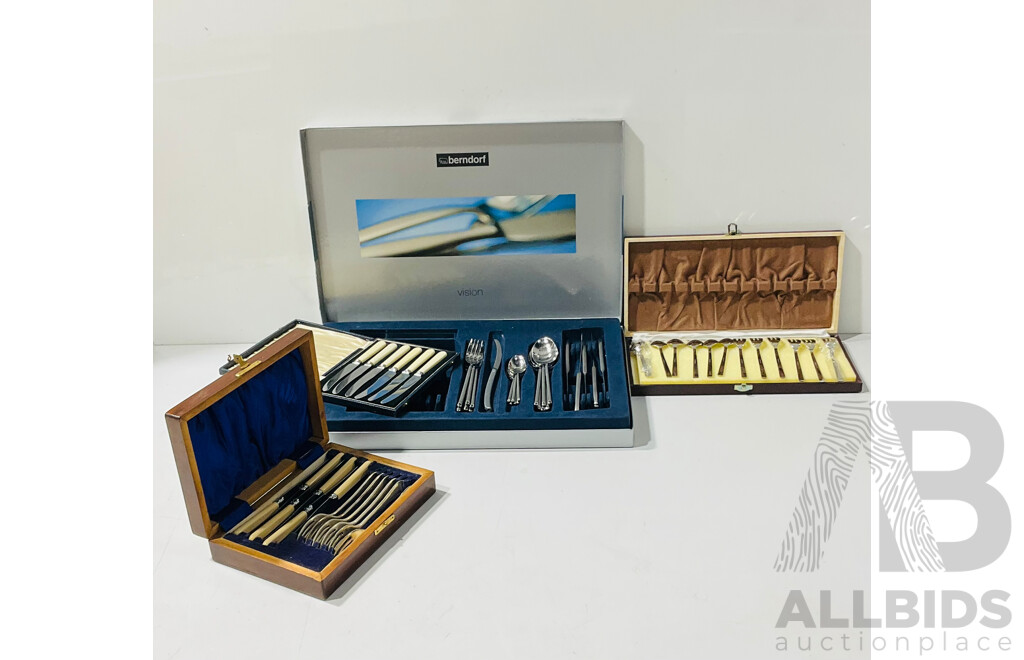 Mid Century Partial Berndorf Flatware Set in Box Along with Set in Oak Case and More