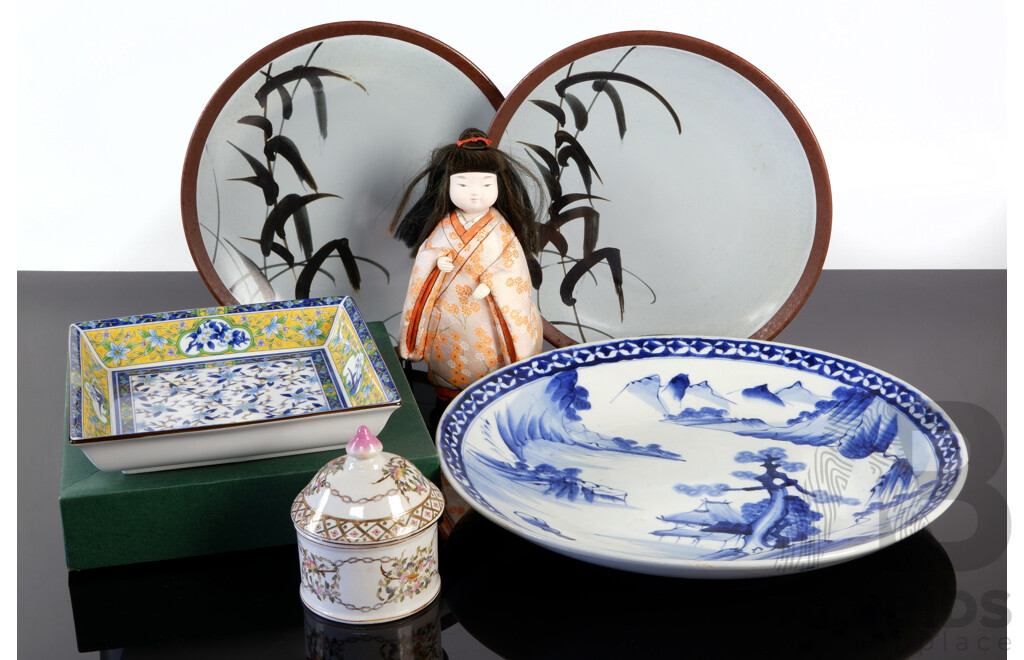 Collection Asian Decorator Pieces Including Large Chinese Blue & White Charger, Wong Lee Lidded Dish, Pair Japanese Plates and Boxed Chinese Square Porcelain Dish and More