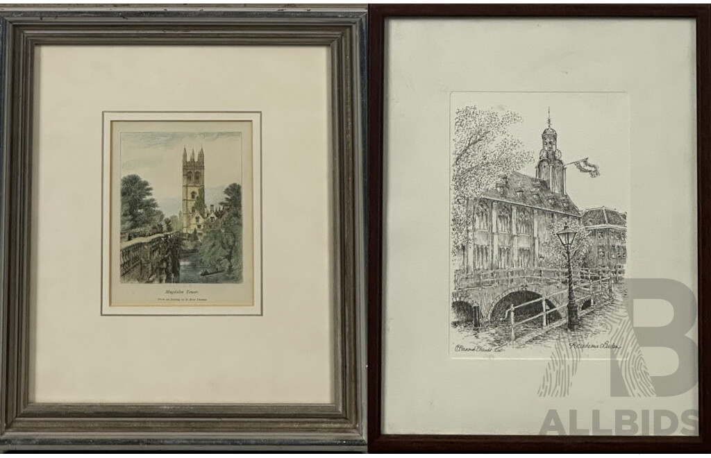 R. Kent Thomas, (19th Century, British,1816-1884), Magdalen Tower, Vintage Reproduction Copy of the Original Etching, Alongside Academie Leiden Etching, 33 x 28 cm (frame largest) (2)