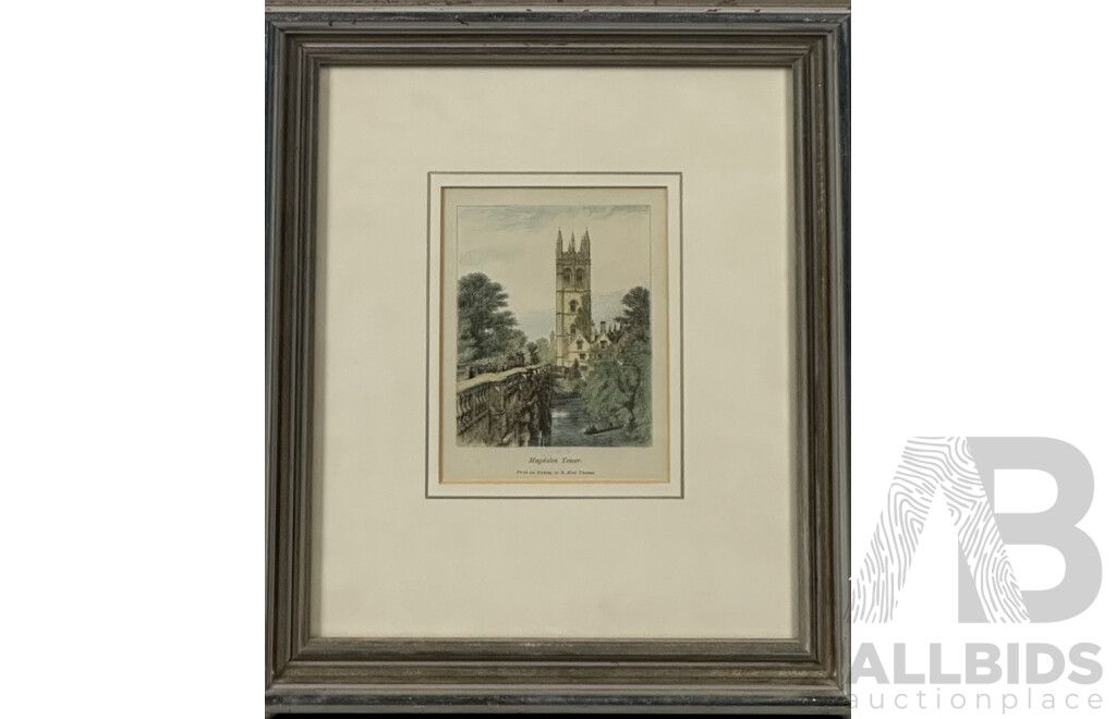 R. Kent Thomas, (19th Century, British,1816-1884), Magdalen Tower, Vintage Reproduction Copy of the Original Etching, Alongside Academie Leiden Etching, 33 x 28 cm (frame largest) (2)