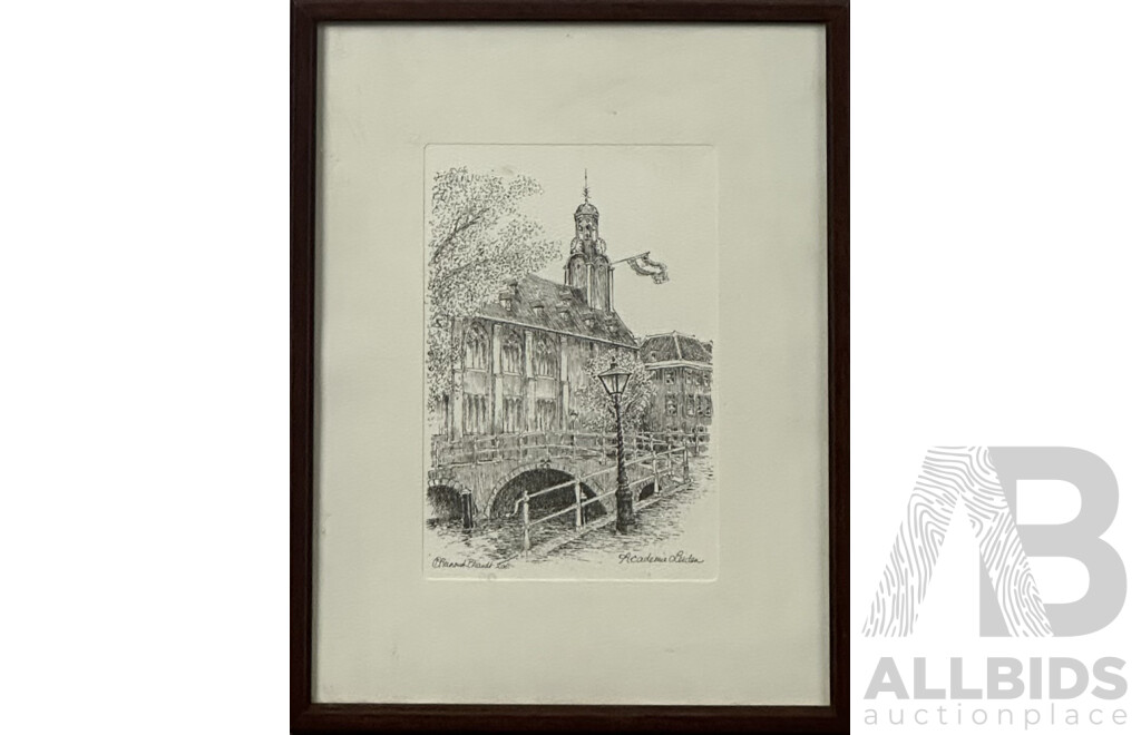 R. Kent Thomas, (19th Century, British,1816-1884), Magdalen Tower, Vintage Reproduction Copy of the Original Etching, Alongside Academie Leiden Etching, 33 x 28 cm (frame largest) (2)