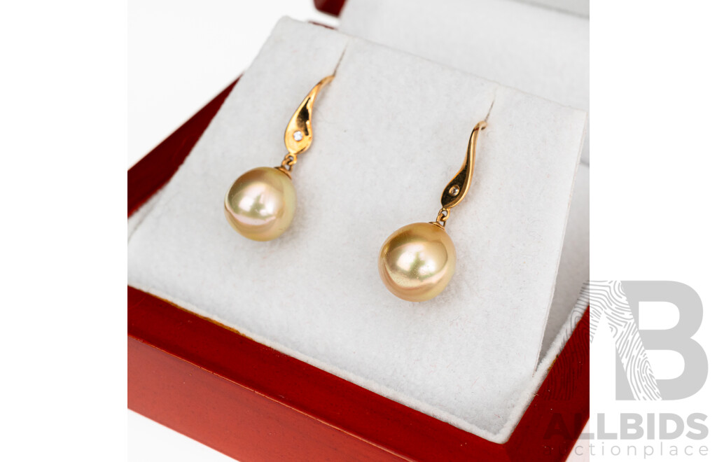 Willie Creek 18ct South Sea Golden Pearl Drop Diamond Set Earrings, TDW 0.02ct, 25mm, 4.03 Grams - as New