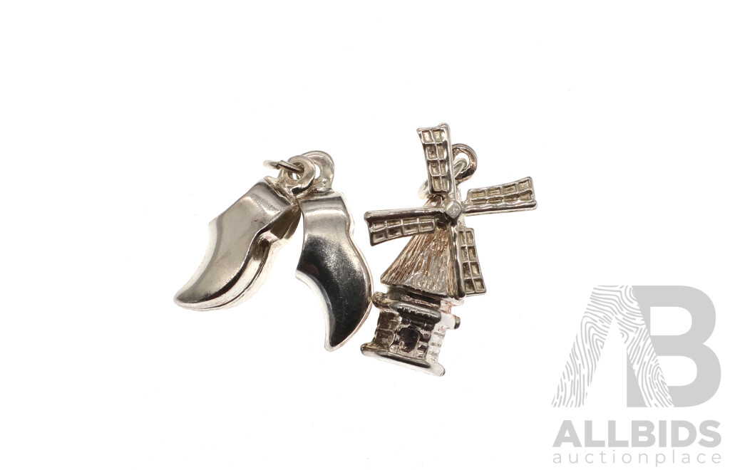 Sterling Silver Clogs Charm & Windmill Charm, From Rob Van Gerwen Jewellers B.v.Leiden, 2.70 Grams - as New