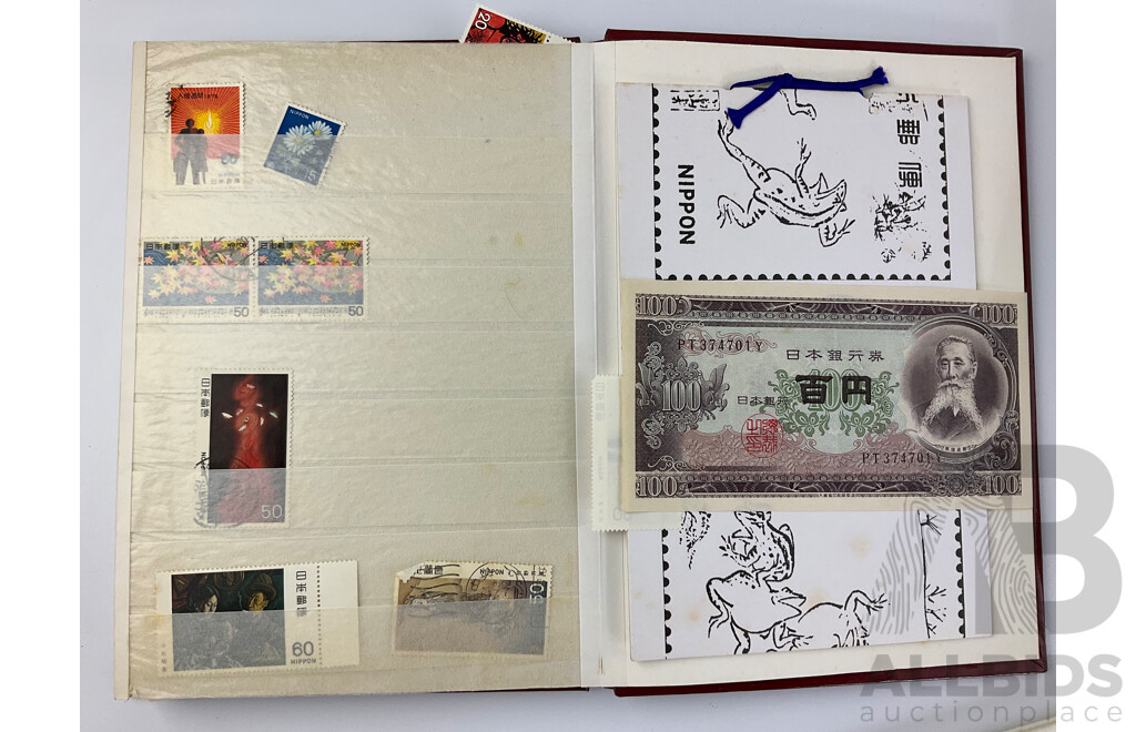 Collection of Mint and Cancelled Vintage international Stamps Including Netherlands and Japan, One Hundred Yen Note