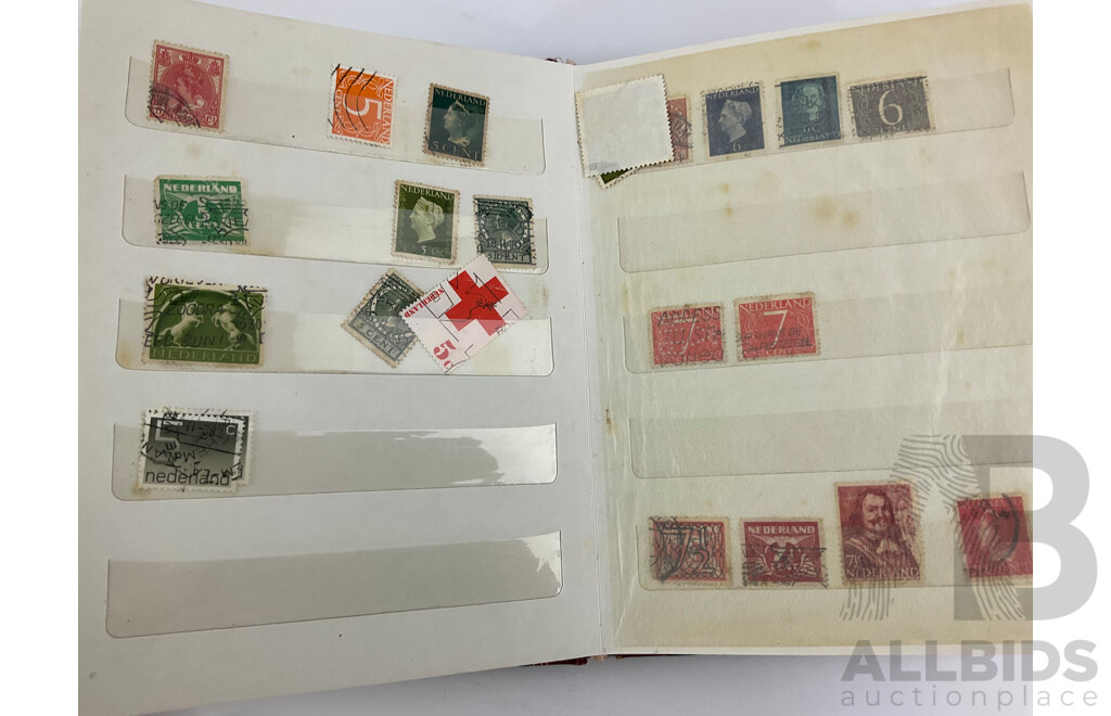 Collection of Mint and Cancelled Vintage international Stamps Including Netherlands and Japan, One Hundred Yen Note