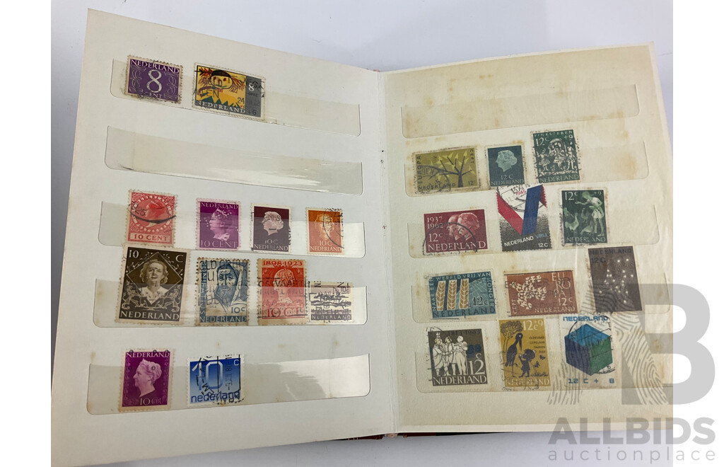 Collection of Mint and Cancelled Vintage international Stamps Including Netherlands and Japan, One Hundred Yen Note