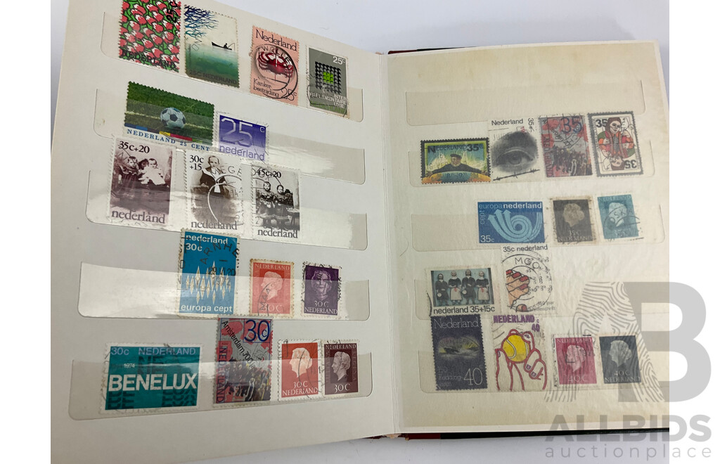 Collection of Mint and Cancelled Vintage international Stamps Including Netherlands and Japan, One Hundred Yen Note