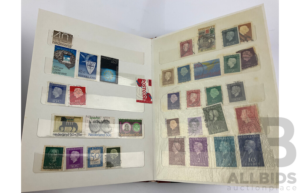 Collection of Mint and Cancelled Vintage international Stamps Including Netherlands and Japan, One Hundred Yen Note