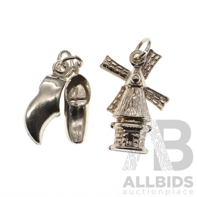 Sterling Silver Clogs Charm & Windmill Charm, From Rob Van Gerwen Jewellers B.v.Leiden, 2.70 Grams - as New